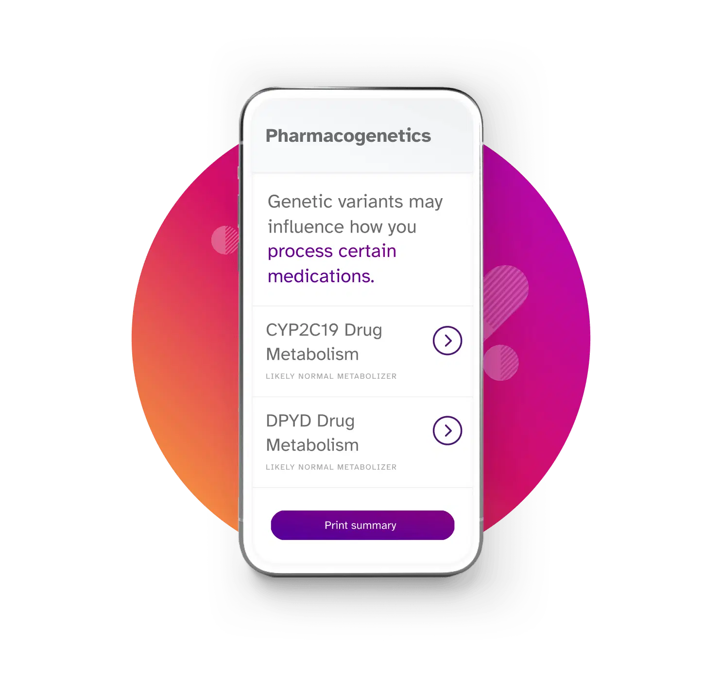 Phone screen showing Pharmacogenetics reports. These reports test for genetic variants that may influence how you process medications. The examples shown are the CYP2C19 Drug Metabolism report (likely normal metabolizer result) and the DPYD Drug Metabolizer report (likely normal metabolizer).