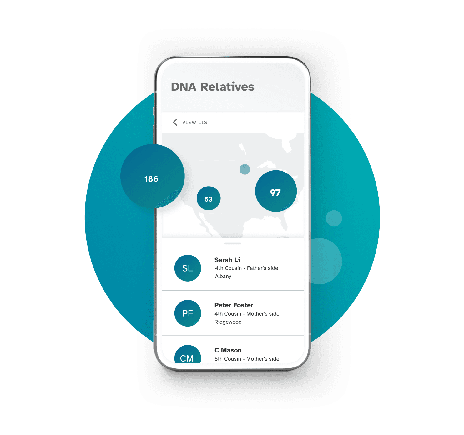 DNA Relatives example showing list of relatives and map of where those relatives live.