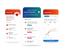 Sample reports including Heart Health, Health Action Plan, Health Tracks.