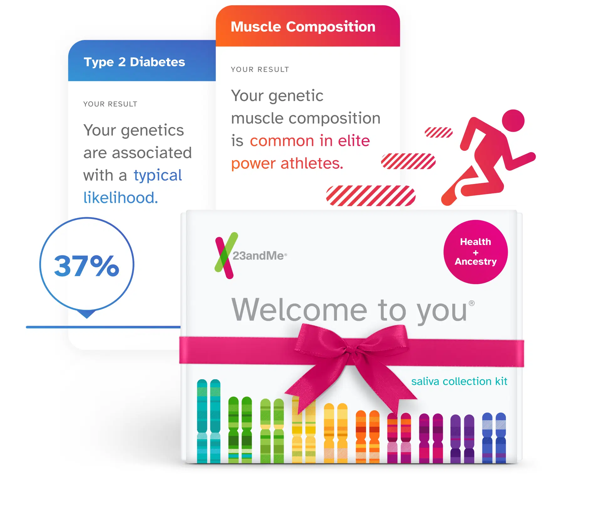 23andMe Health plus Ancestry saliva collection Kit with example reports Type 2 Diabetes and Muscle Composition. Type 2 Diabetes report displays your example result: Your genetics are associated with a typical likelihood. Muscle Composition report displays your example result: Your genetic muscle composition is common in elite power athletes.