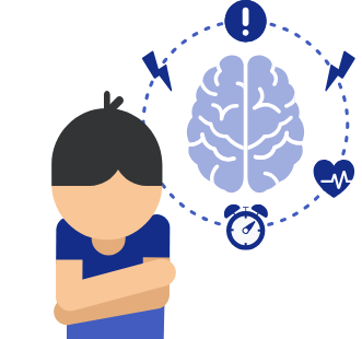 Person experiencing a panic attack next to a brain that is surrounded by icons representing symptoms including a sense of danger or fear, and a pounding or racing heart.